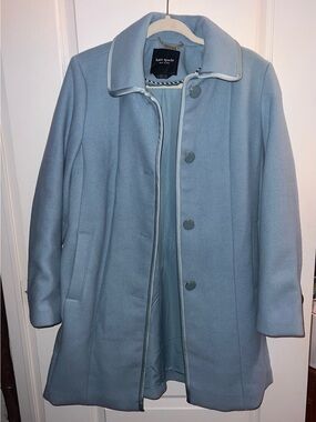 💎 NWOT Kate Spade Satin Pipe Trim Wool Blend Car Coat Powder Blue MSRP $400 🧥✨